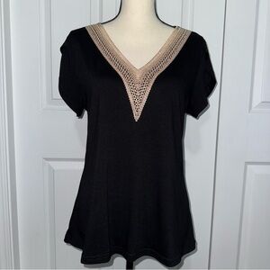 Elegant Black V-Neck Women's Top Crochet detail Cross over short sleeves size‎ M